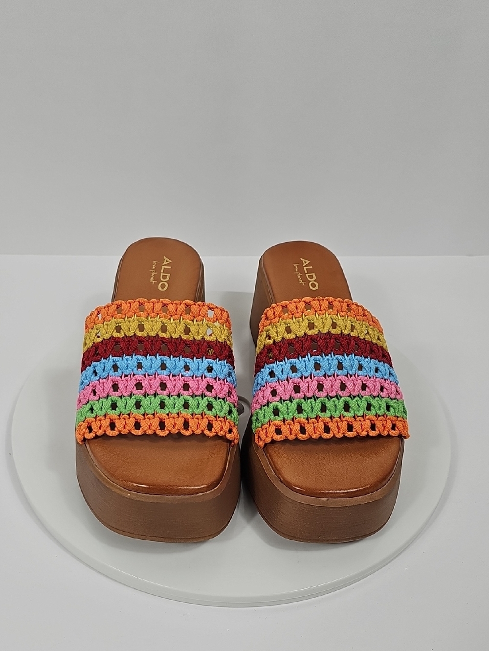 NIB Aldo Yassu Rainbow Crochet Platform Slide Sandals Crochet Multicolor Brown 7 - Picture 4 of 13